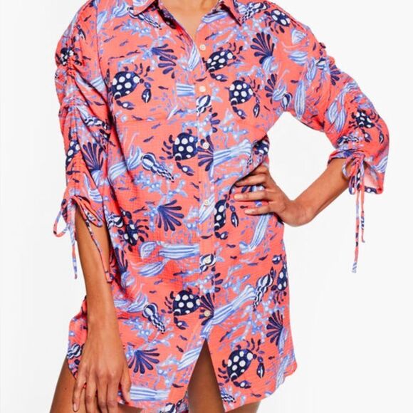 Talbots Gauze Underwater Vision Print Button Down Tunic Shirt And Pant Set - Picture 2 of 15